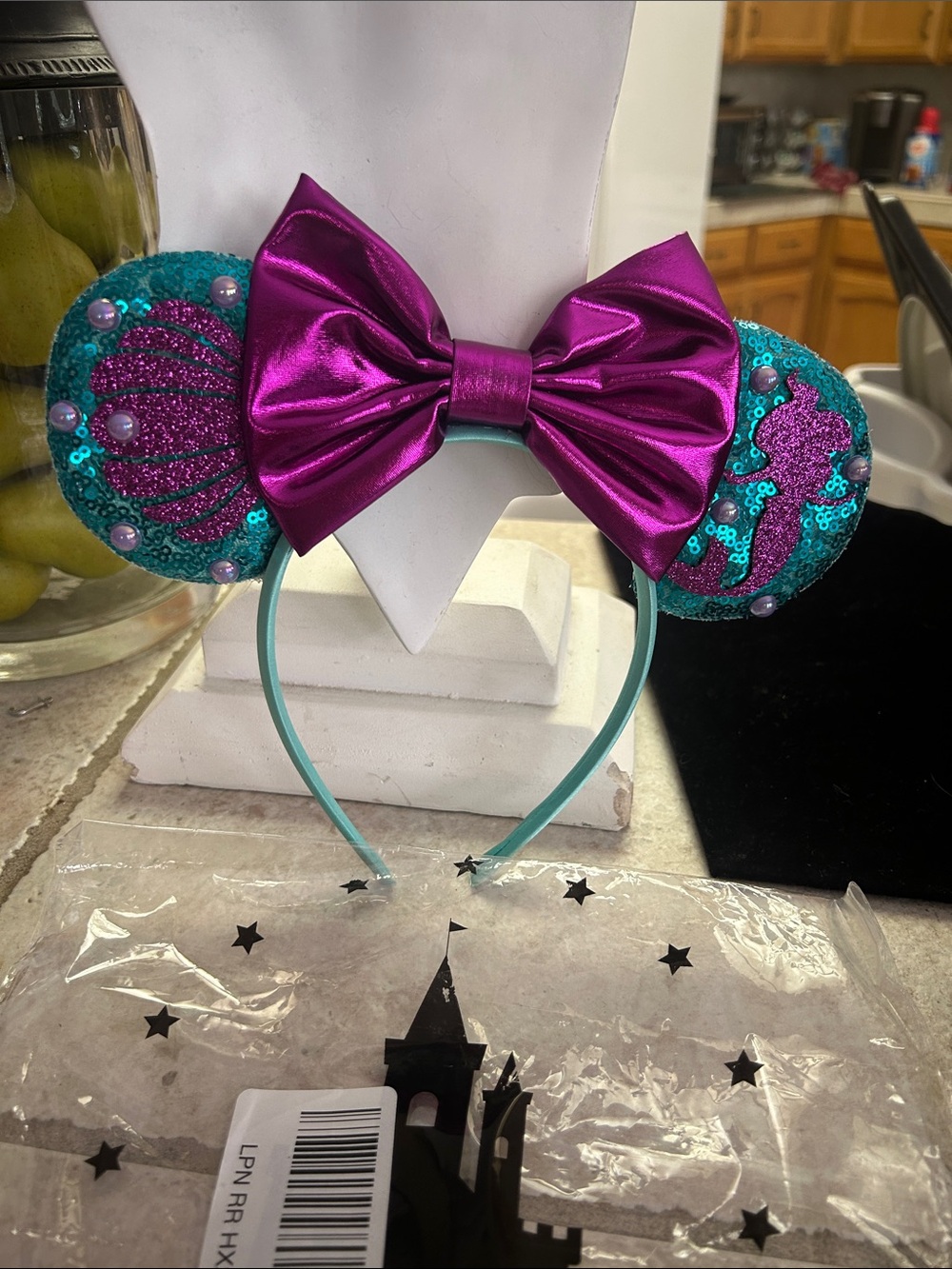 Disney Kids Sequin Teal Mermaid Ear Headband with Metallic Magenta Bow